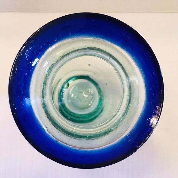 Green Tint Cobalt Blue Rim Bubbled Blown Art Glass Bud Vase - Picture 9 of 16